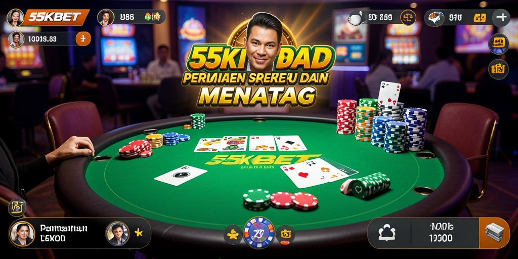 Screenshot dari gameplay 55KBET yang menampilkan aksi poker yang mendebarkan.
