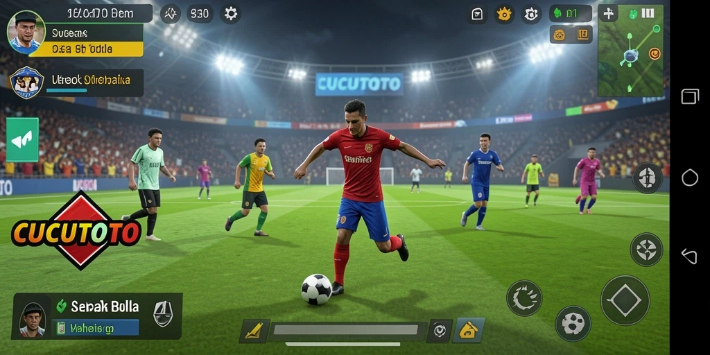 Tampilan gameplay menarik dalam CUCUTOTO dengan aksi sepak bola yang intens.