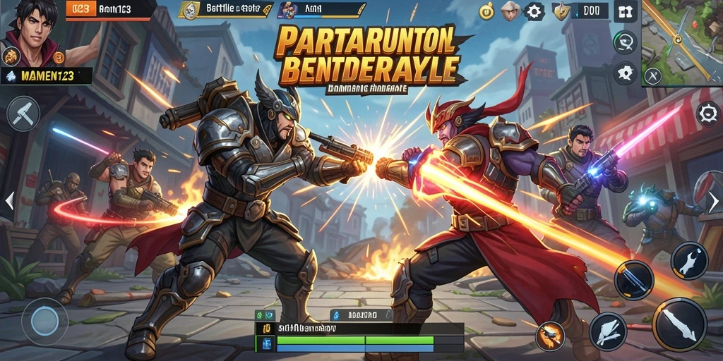 Menampilkan aksi seru dalam MAMEN123 dengan pemain bertarung di tengah arena.