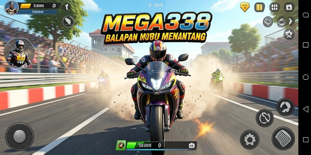 Gameplay menegangkan dalam MEGA338 dengan balapan motor yang seru.