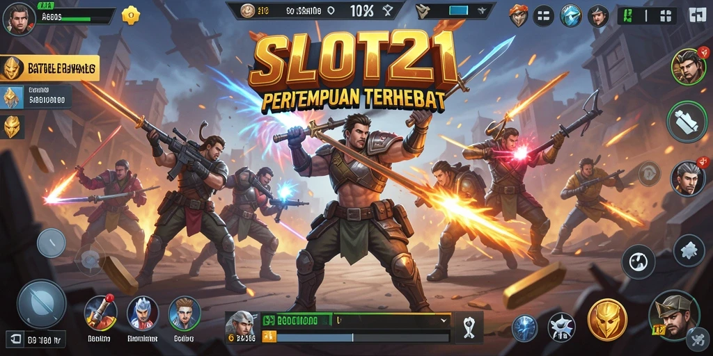 Tangkapan layar utama SLOT21 menampilkan aksi pertempuran seru dalam arena.
