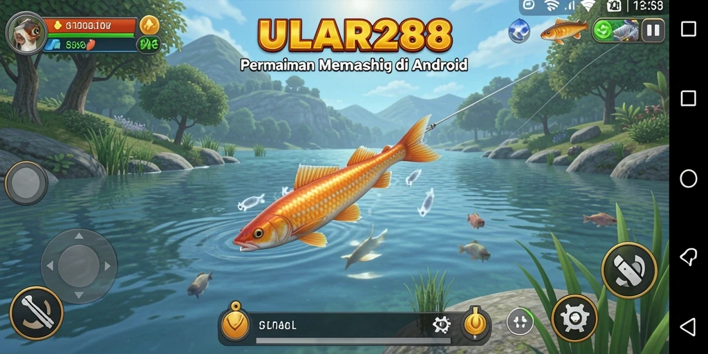 Tampilan gameplay ULAR288 yang menarik saat memancing di kolam.